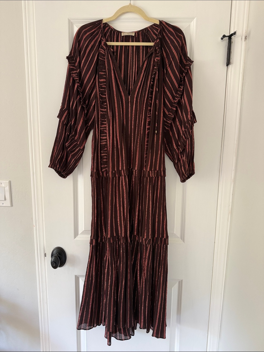 Ulla Johnson Burgundy and Pink Striped Ruffle Maxi Dress